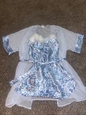 Blue Leopard Satin Nightdress with Sheer Robe